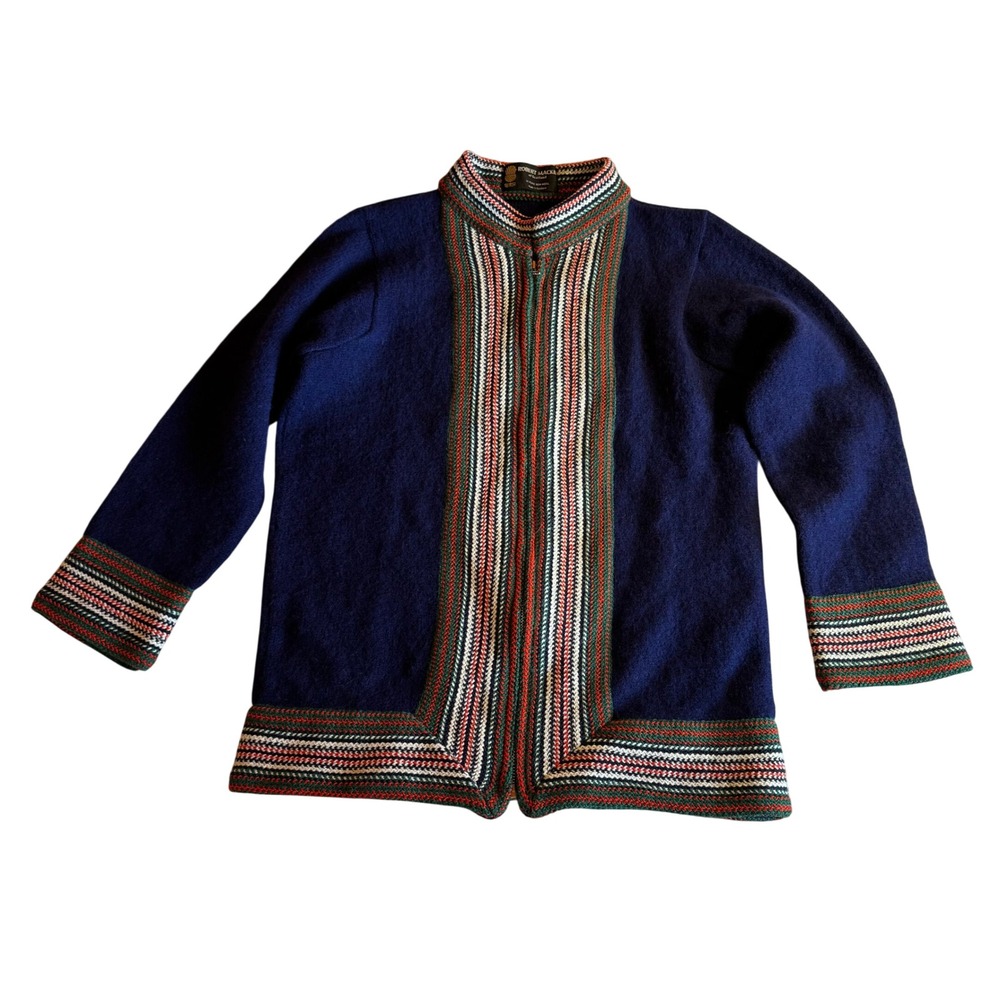 Vintage Robert Mackie of Scotland Pure‎ New Wool Zip Cardigan Navy Blue Women L
